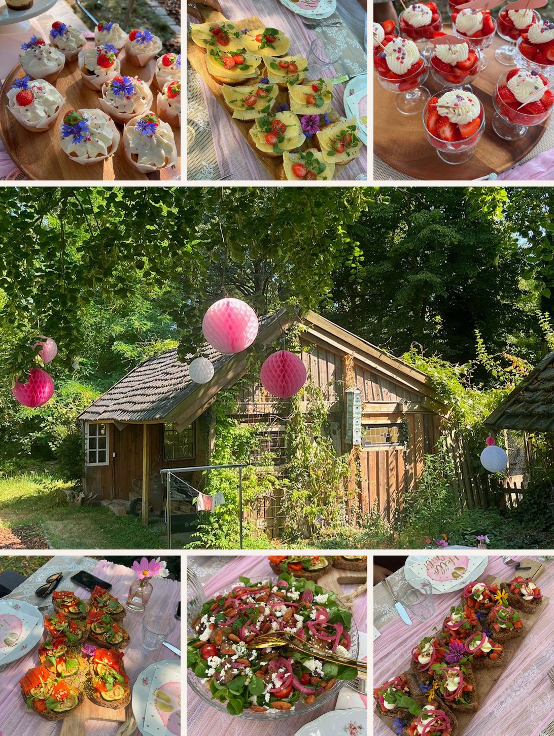 Collage met gedekte tuintafel en huisgemaakte hapjes voor high tea en lunch