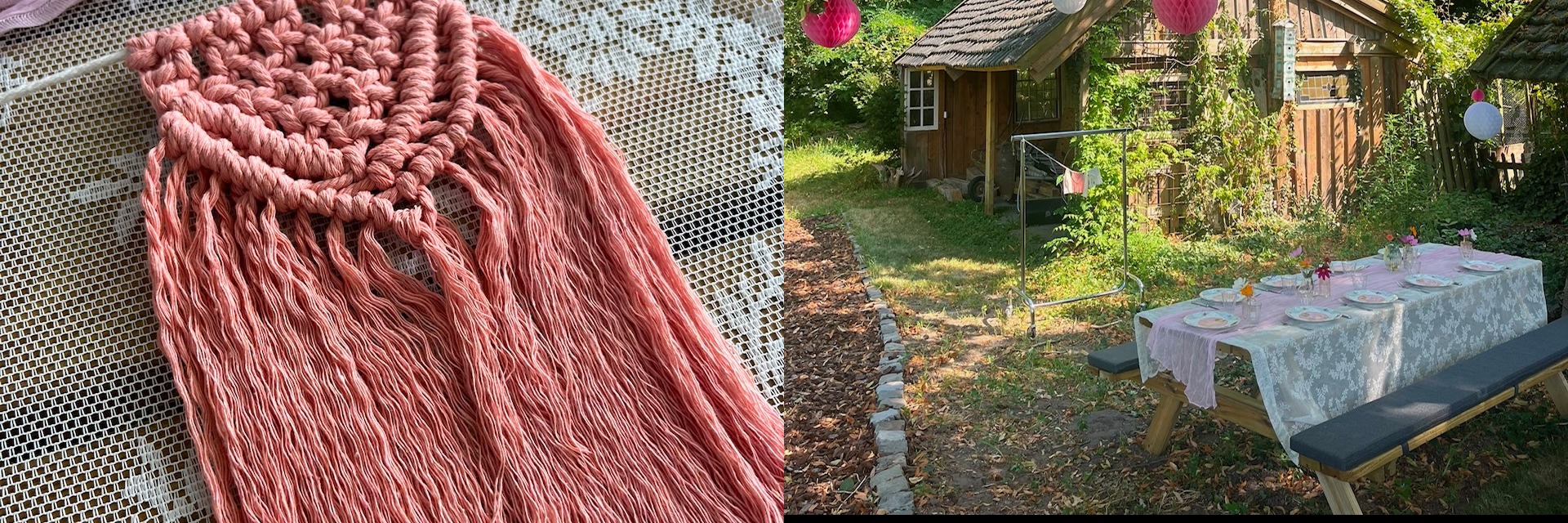 Macramé wandkleed in de tuin bij een gedekte tafel met roze lampionnen