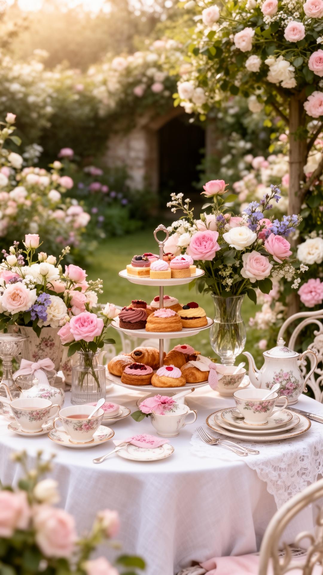 Sfeervolle high tea tafel tussen bloemen